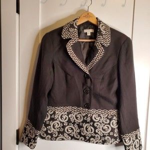 Coldwater Creek blazer size 16 black White Embroidery women's 3 Button jacket